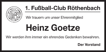 Traueranzeige von Heinz Goetze von Pegnitz-Zeitung